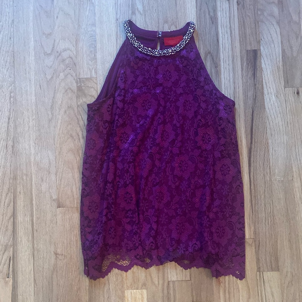 Purple Lace Sleeveless Top with Beaded Neckline, Women’s Medium